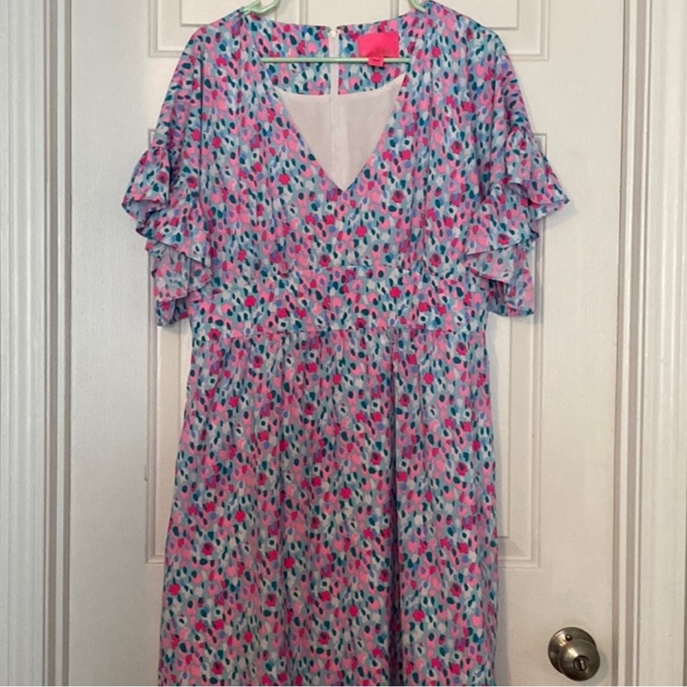 Women’s Pink & Blue Floral V‑Neck Ruffle Sleeve Dress